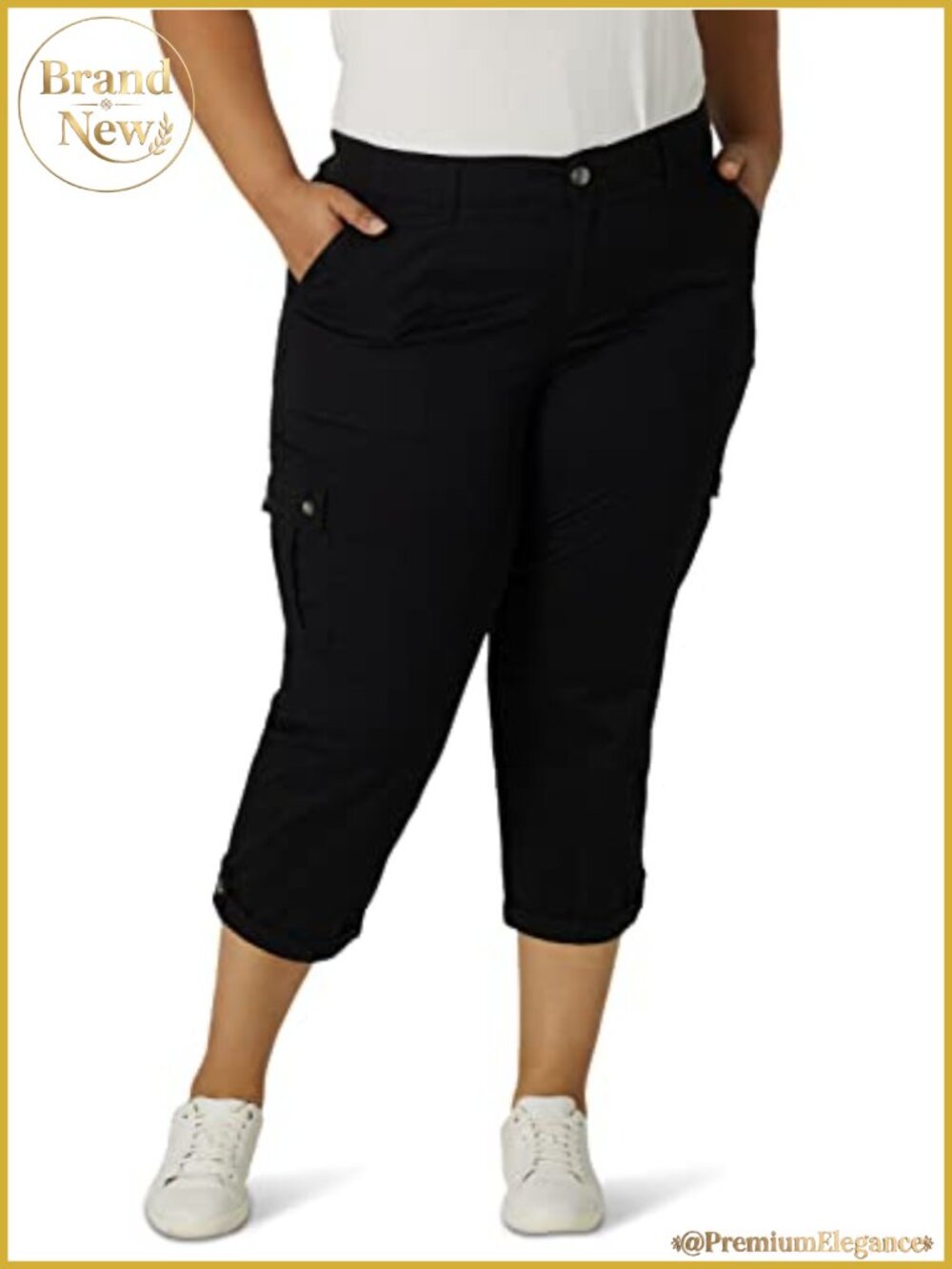 Plus Size Relaxed Fit Cargo Capri Pants with Flex Waistband, 6 Pockets, Cotton
